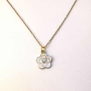 Camellia Necklace Gold White Pendant Handmade Enameled Stainless Steel 18”